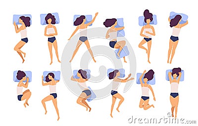 Collection of young woman sleeping in bed in various poses. Set of female cartoon character lying in different postures Vector Illustration