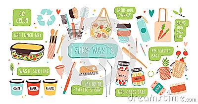 Collection of Zero Waste durable and reusable items or products - glass jars, eco grocery bags, wooden cutlery, comb Vector Illustration