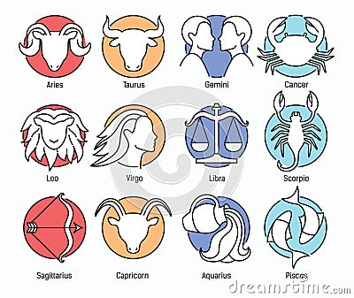 Collection of zodiac signs isolated on white background and indicated by colors of classical elements - fire, earth, air Vector Illustration