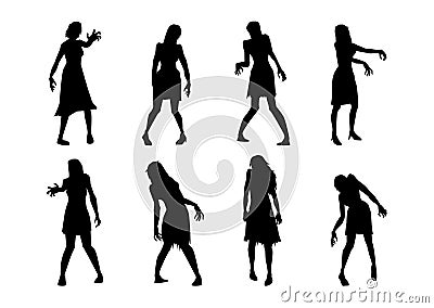 Collection of Zombie is Woman while standing and reaching hand action in Silhouette style. Vector Illustration