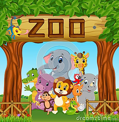 Collection of zoo animals with guide Vector Illustration