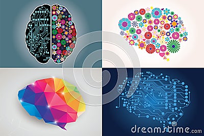 Collections of four different human brains, left and right side Vector Illustration