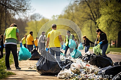 collective responsibility waste management as volunteers join community cleanup, trash bags in hand. Stock Photo