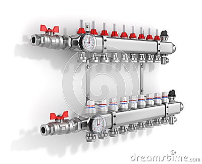 Collector, manifold, heating system Stock Photo