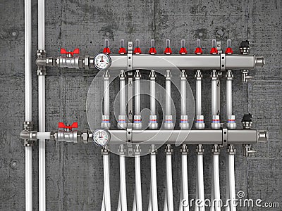 Collector, manifold, heating system for underfloor heating Stock Photo