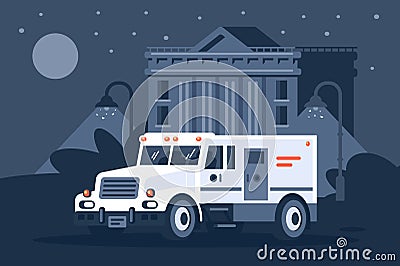 Collector s car next to the bank under cover of night. Cartoon Illustration