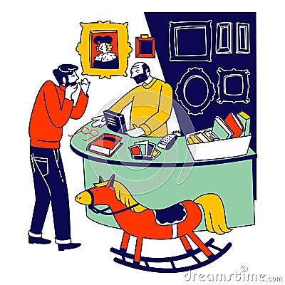 Collector Visiting Antique Store Stand at Cashier Desk with Seller and Various Vintage Things Thinking Buy Antiquities Vector Illustration