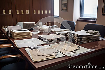 College admissions review committee with a lot of files on a table engaged in detailed review of different applications. Stock Photo