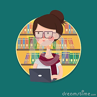 College Girl Student Studying in Library Vector Illustration