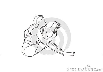 College girl study with reading a book continuous one line drawing. She sitting on the floor and enjoy the education Vector Illustration