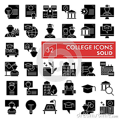 College glyph icon set, university symbols collection, vector sketches, logo illustrations, education signs solid Vector Illustration