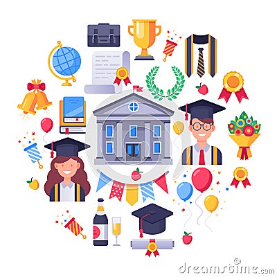 College graduate icons. Graduation day, students party and finish exams icon vector illustration set Vector Illustration