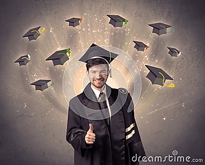 College graduate with many flying hats Stock Photo