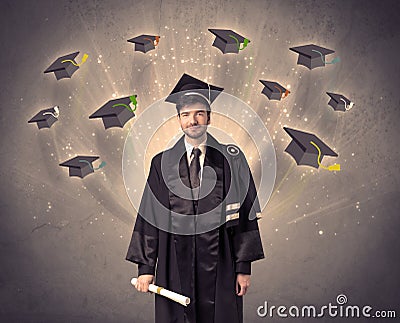 College graduate with many flying hats Stock Photo