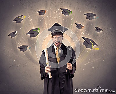 College graduate with many flying hats Stock Photo