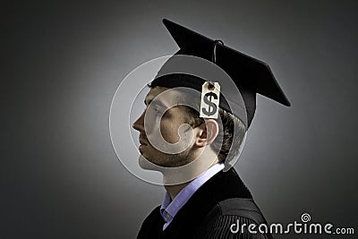 College graduate with tuition price tag, horizontal Stock Photo