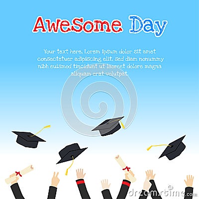 College graduation day card illustration design with hands holding diploma and throwing graduation caps Vector Illustration