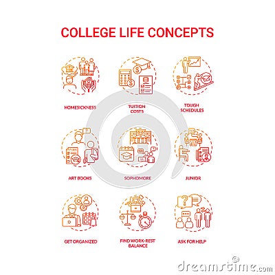 College life red gradient concept icons set. Vector Illustration