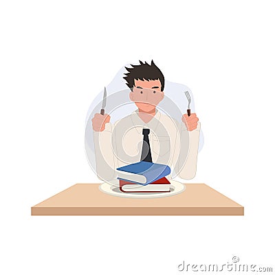 College Life in Thailand. Student in Uniform with Cutlery and Knowledge Book Vector Illustration