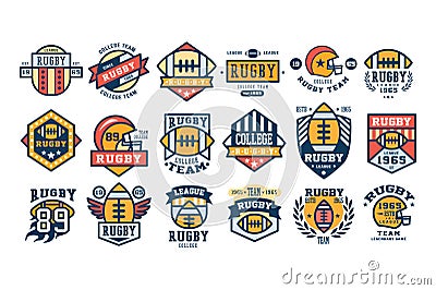 College rugby team logo design set, sport retro emblem, label, badge vector illustrations Vector Illustration