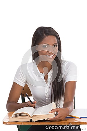 College student African American woman by desk Stock Photo