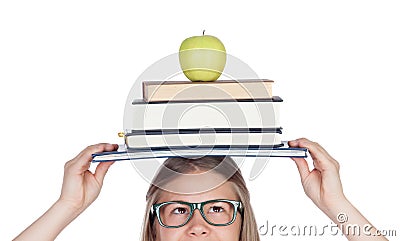 College student charged with books on her head Stock Photo