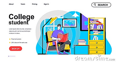 College student concept for landing page template. Young man reading book and learns subject from textbook. Study at library Vector Illustration