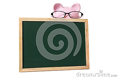 College student finance education fund concept, Piggy bank wearing glasses with small blank blackboard, isolated Stock Photo