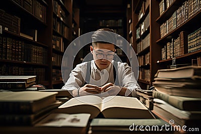 A college student studying in a library, surrounded by books and academic journals. Stock Photo