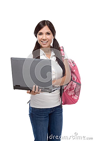 College student young Hispanic woman with laptop Stock Photo