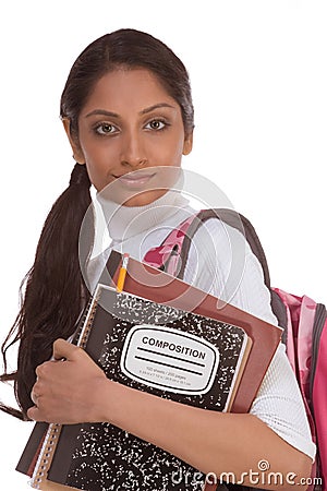 College student young Indian woman with backpack Stock Photo