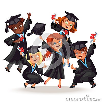 College students poster with happy graduates of different nationalities celebrate high school graduation Vector Illustration