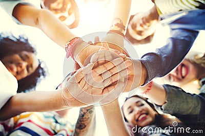 College Students Teamwork Stacking Hand Concept Stock Photo