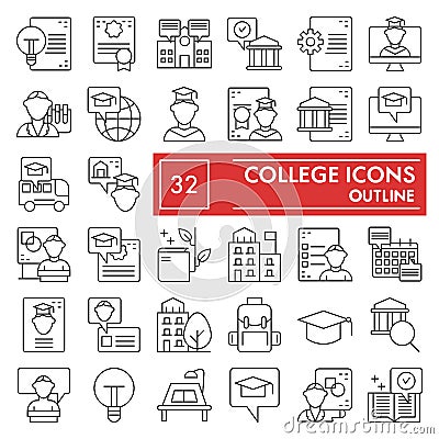 College thin line icon set, university symbols collection, vector sketches, logo illustrations, education signs linear Vector Illustration