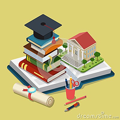 College university education graduation flat 3d web isometric Vector Illustration