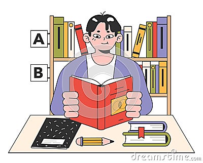 College university library. Self study place. Students reading textbooks Vector Illustration