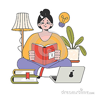 College or university student. Young character studying, reading books Vector Illustration