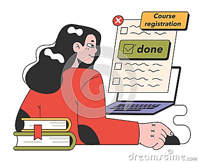 College or university student. Young female character signing up for course Vector Illustration
