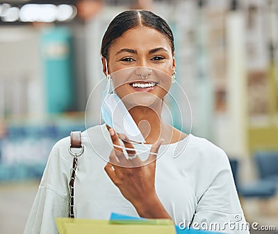 College woman take off face mask for covid freedom at university in back to school learning, studying and education in Stock Photo