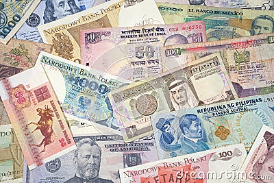 Collegection of international banknotes from various world countries Stock Photo