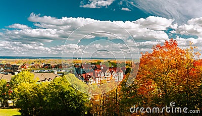 Natural landscape view on Blue Mountain village, resort grounds with Georgian Bay, Lake Huron in Background, autumn sunny day Stock Photo
