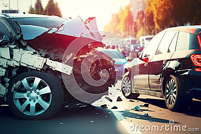 collision of cars with car accident drivers on busy road in traffic jam Stock Photo