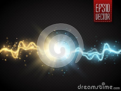 Collision of two forces with gold and blue light. Vector Vector Illustration