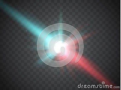 Collision of two forces with red and blue light. Vector. Explosion concept. Cartoon Illustration