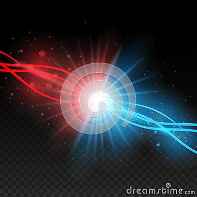 Collision of two forces with red and blue lights. Explosion concept. Isolated on black transparent background. Vector illustration Vector Illustration