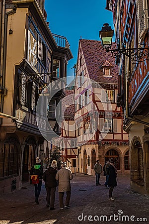 Old beautiful street of franch colmar town Editorial Stock Photo
