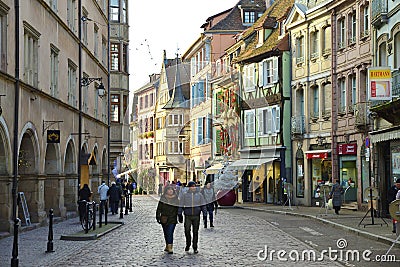 Colmar, France - Beautiful christmas decorated houses. French, ornaments. Editorial Stock Photo