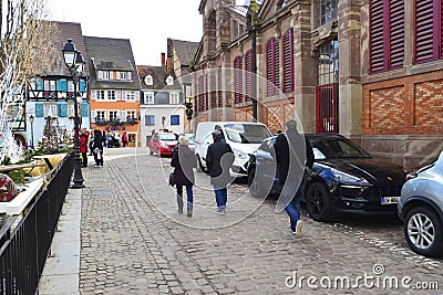 Colmar, France - Beautiful christmas decorated houses. French, ornaments. Editorial Stock Photo