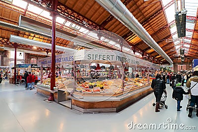 Colmar, France - december 1, 2019: Interior view of the historical renovated covered market of Colmar, Alsace region. Metallic Editorial Stock Photo
