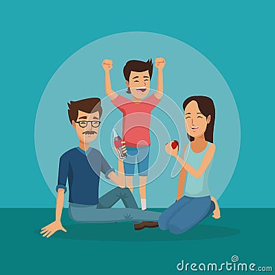 Colo scene of family group sitting man with soda and woman with apple in her hand with happiness kid Vector Illustration